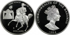 Weltmünzen und Medaillen, Bahamas. Juan Ponce De Leon. 5 Dollars 1994. 31,47 g. 0.925 Silber. 0.94 OZ. KM 173. Polierte Platte