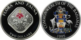 Weltmünzen und Medaillen, Bahamas. Farbmünze. Hibiskus. 2 Dollars 1995. 30,08 g. 0.999 Silber. 1 OZ. KM 164. Polierte Platte