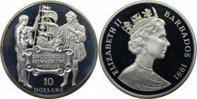 Weltmünzen und Medaillen, Barbados. Entdeckung von Amerika. 10 Dollars 1991. 23,33 g. 0.925 Silber. 0.69 OZ. KM 52. Polierte Platte