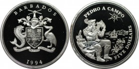 Weltmünzen und Medaillen, Barbados. Pedro A. Campo. 5 Dollars 1994. 28,28 g. 0.925 Silber. 0.84 OZ. KM 59. Polierte Platte
