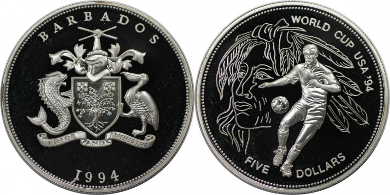 Weltmünzen und Medaillen, Barbados. WM-Fußball. 5 Dollars 1994. 28,55 g. 0.925 S...