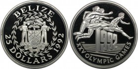 Weltmünzen und Medaillen, Belize. "1992 Sommerolympiade, Barcelona". 25 Dollars 1992. 28,28 g. 0.925 Silber. 0.93 OZ. KM 106. Polierte Platte.