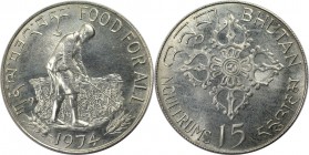 Weltmünzen und Medaillen, Bhutan. Serie: F.A.O. 15 Ngultrums 1974. 22,30 g. 0.500 Silber. 0.36 OZ. KM 42. Stempelglanz