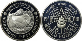 Weltmünzen und Medaillen, Bhutan. Serie: F.A.O. - Yak. 50 Ngultrums 1981. 28,28 g. 0.925 Silber. 0.84 OZ. KM 54. Polierte Platte