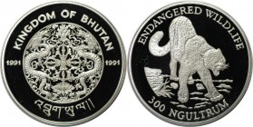 Weltmünzen und Medaillen, Bhutan. Gefährdete Tier-Reihe - Schnee-Leopard. 300 Ngultrums 1991. 31,47 g. 0.925 Silber. 0.94 OZ. KM 65. Polierte Platte