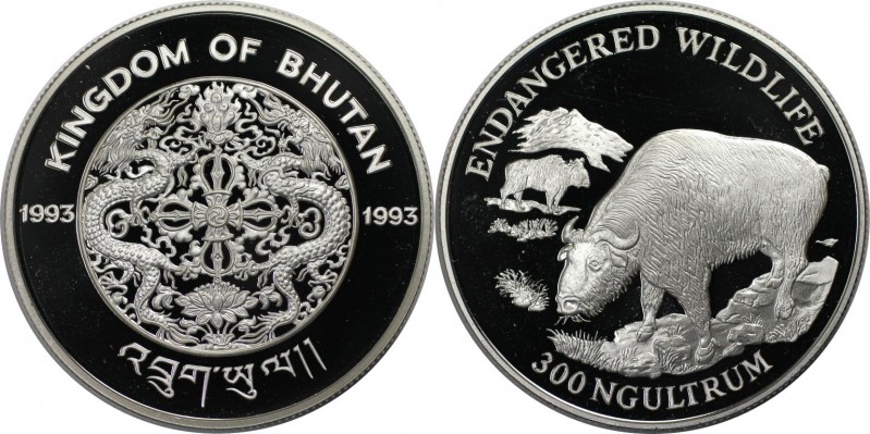 Weltmünzen und Medaillen, Bhutan. Bedrohte Tierwelt, Takin. 300 Ngultrums 1993. ...