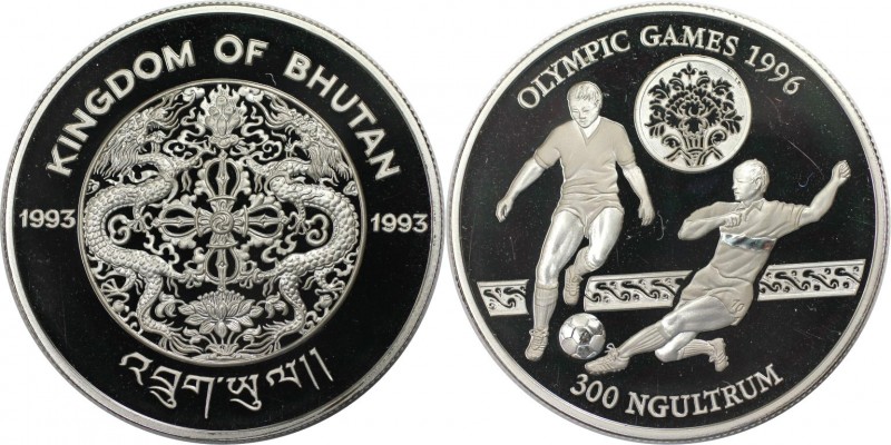 Weltmünzen und Medaillen, Bhutan. Olympische Spiele Atlanta 1996 - Fußball. 300 ...
