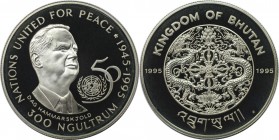 Weltmünzen und Medaillen, Bhutan. 50 Jahre Vereinte Nationen. 300 Ngultrums 1995. 28,28 g. 0.925 Silber. 0.84 OZ. KM 80. Polierte Platte