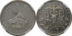 Weltmünzen und Medaillen, Bolivien / Bolivia. 5 Centavos 1902, Kupfer-Nickel. KM 173.3. NGC MS 62