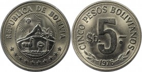 Weltmünzen und Medaillen, Bolivien / Bolivia. 5 Pesos Bolivianos 1976. Nickel Clad Steel. KM #197. Stempelglanz