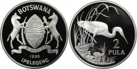Weltmünzen und Medaillen, Botswana. Reiher. 2 Pula 1986. 28,28 g. 0.925 Silber. 0.84 OZ. KM 18. Polierte Platte