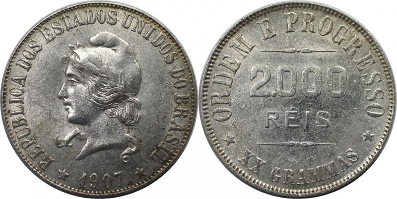 Weltmünzen und Medaillen, Brasilien / Brazil. 2000 Reis 1907. Silber. Stempelgla...