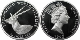 Weltmünzen und Medaillen, Cookinseln / Cook Islands. Gefährdete Weltwildleben-Reihe - Antilope. 50 Dollars 1990. 19,80 g. 0.925 Silber. 0.59 OZ. KM 11...