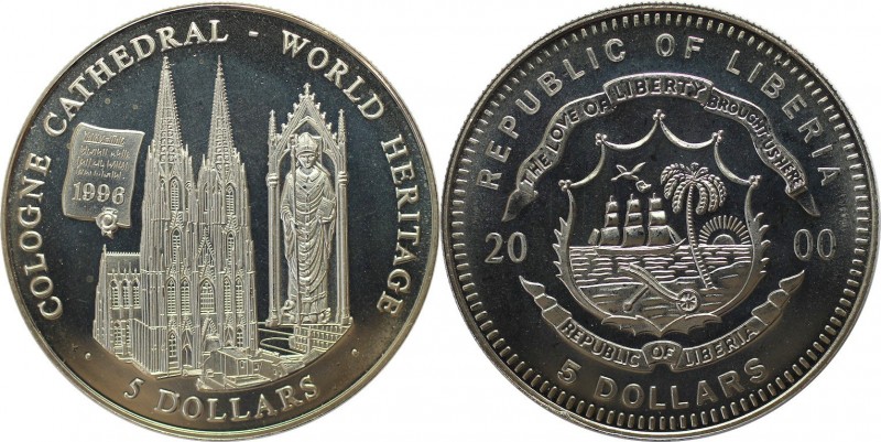 Weltmünzen und Medaillen, Liberia. Kölner Dom - Weltkulturerbe. 5 Dollars 2000, ...