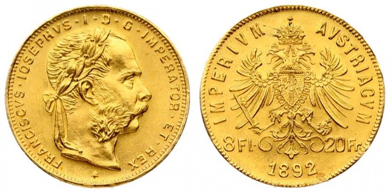 Austria 8 Florins-20 Francs 1892 Restrike. Franz Joseph I(1848-1916). Averse: La...