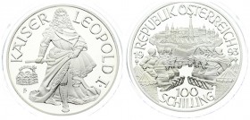 Austria 100 Schilling 1993. Averse: Armed figures on kneeling horses outside of city; value at bottom. Reverse: Kaiser Leopold I; in armor and robe; f...