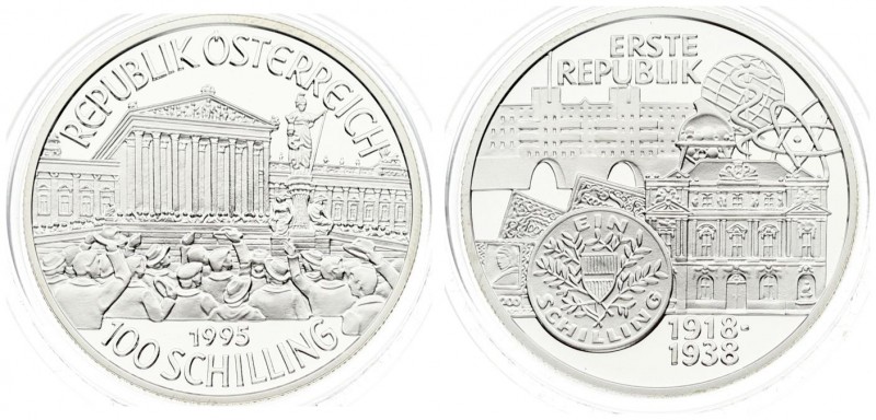 Austria 100 Schilling 1995 First Republic. Averse: Columned buildings; statue at...