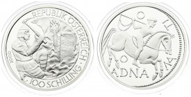 Austria 100 Schilling 2000 Averse: Celtic salt miner. Reverse: Celtic coin design with mounted warrior. Edge Description: Reeded. Silver. KM 3068. Wit...