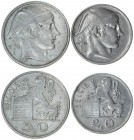Belgium 20 & 50 Francs 1949 & 1951 Leopold III(1934-1951). Averse: Rampant lion left with shield; denomination below. Reverse: Helmeted head right; sm...