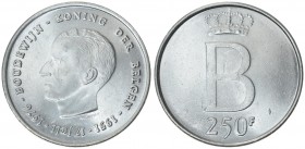 Belgium 250 Francs ND(1976) Baudouin(1951-1993). Averse: Head of Baudouin left; legend in Dutch. Averse Legend: KONING DER BELGEN. Reverse: Crowned la...