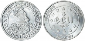 Belgium 5 ECU 1987 30th Anniversary - Treaties of Rome. Baudouin(1951-1993). Averse: Denomination; date and stars within circle. Reverse: Bust of Char...