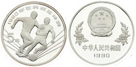 China 5 Yuan 1990 FIFA World Cup. Averse: National emblem; date below. Reverse: Two soccer players side by side. Silver. KM 246