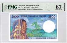 Comoros 2500 Francs (1997) Banknote. Bancue Centrale Pick#13. ND(1997). 2500 Francs S/N 03588362- Wmk: 4 Stars & Crescent. PMG 67 Superb Gem Unc EPQ R...