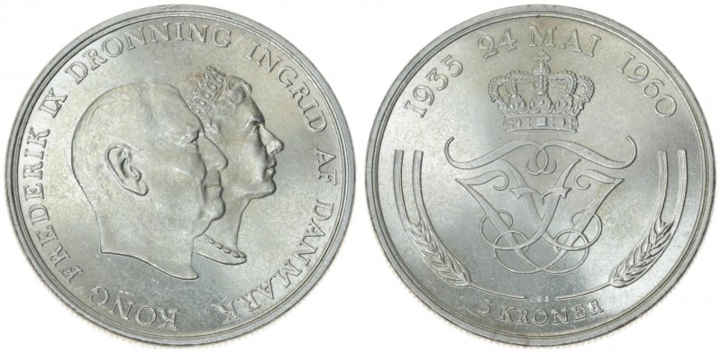 Denmark 5 Kroner -1960(h) C; S Silver Wedding Anniversary. Frederik IX(1947-1972...