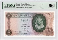 Egypt 10 Pounds (1961-65) Banknote. Central Bank Pick#41. 10 Pounds - Printer: BWC S/N 012764 E/21 - Wmk: Arms. PMG 66 Gem Uncirculated EPQ RARE TYPE