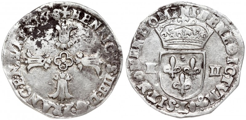 France 1/4 Ecu 1608 L Henry IV (1589-1610) 1/4 Ecu 1608 L Bayonne. Av.: Lily cro...