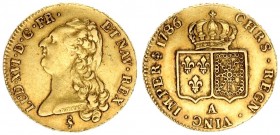 France 2 Louis D'or 1786 A Louis XVI (1774–1792). Averse: Head left. Averse Legend: LUD • XVI • D • G • FR • ET NAV • REX •. Reverse: Crowned arms of ...