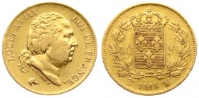 France 40 Francs 1818 W Louis XVIII(1814-1824). Averse: Head right. Reverse: Crowned arms divide denomination within wreath. Gold. KM 713.6