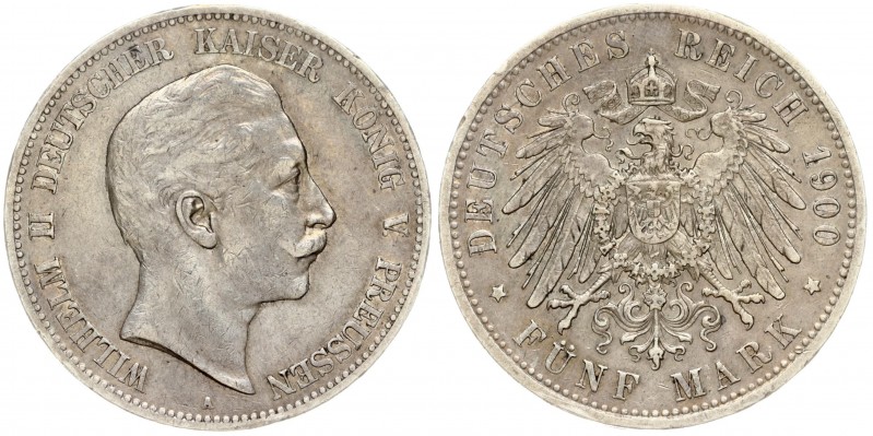 Germany PRUSSIA 5 Mark 1900A. Wilhelm II(1888-1918). Averse: Head right. Averse ...