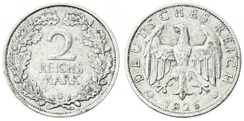 Germany Weimar Republic 2 Reichsmark 1926G Averse: Eagle above date. Reverse: De...