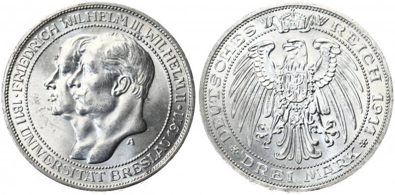 Germany Prussia 3 Mark 1911 A Breslau University. Wilhelm II (1888-1918). Averse...