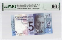 Great Britain Scotland 5 Pounds 2009 Banknote. Clydesdale Bank PLC. Pick#2291 2009 5 Pounds Printer: TDLR. S/N W/HT 000999 - Wmk: A. Fleming & 5. PMG ...