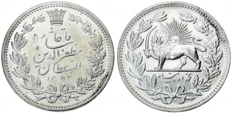 Iran 5000 Dinars 1320/1902. Averse: Legend within crowned wreath. Averse Legend:...