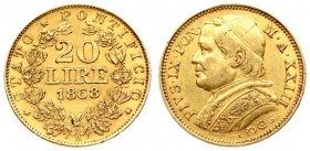 Italy PAPAL STATES 20 Lire 1868-XXIIIR Averse: Bust left. Averse Legend: PIVS IX PON. Reverse: Value and date within wreath. Reverse Legend: STATO * P...
