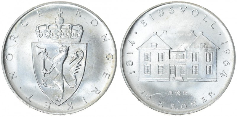 Norway 10 Kroner -1964 Constitution sesquicentennial. Olav V(1957-1991). Averse:...