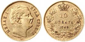 Serbia 10 Dinara 1882 Milan I(1868–1889). Averse: Head right. Averse Legend: Short title. Reverse: Value date within crowned wreath. Gold. KM 16