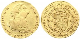 Spain 2 Escudos 1775 PJ Charles III(1759-1788). Averse: Bust right. Averse Legend: CAROL • III • D • G • HISP • IND • R •. Reverse: Crowned arms in Or...