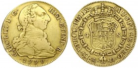 Spain 4 Escudos 1779 PJ Charles III(1759-1788). Averse: Bust right. Averse Legend: CAROL • III • D • G • HISP • ET IND • R •. Reverse: Crowned arms in...