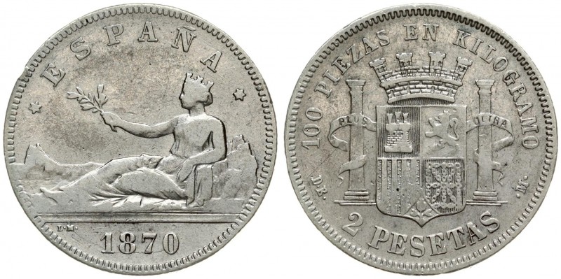 Spain 2 Pesetas 1870 (70) DE-M. Averse: Seated Liberty; date below. Reverse: Cro...