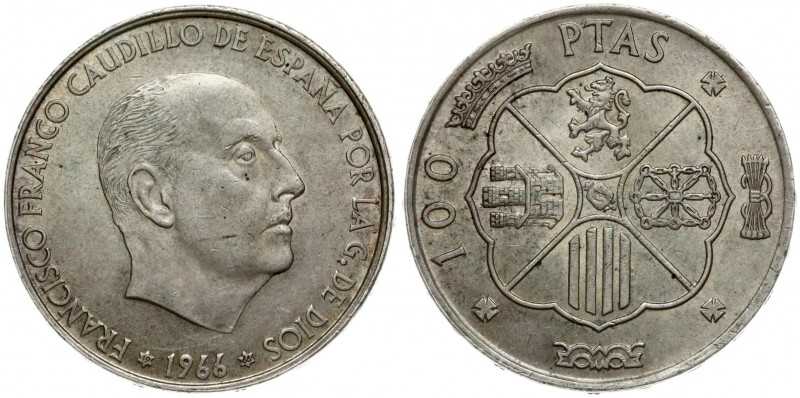 Spain 100 Pesetas 1966 (66) Averse: Head right. Reverse: Assorted emblems within...