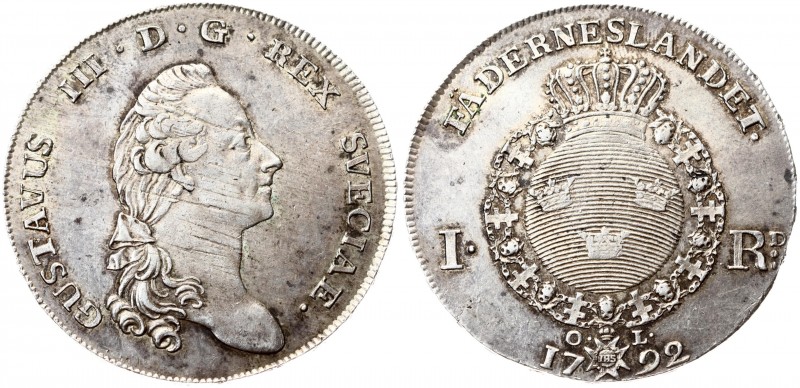 Sweden 1 Riksdaler 1792 OL Gustaf III(1771-1792). Averse: Head right. Reverse: C...