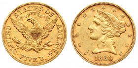 USA 5 Dollars 1880 Philadelphia. Liberty / Coronet Head - Half Eagle With motto. Averse: The bust of Liberty with the date below. Lettering:* * * * * ...
