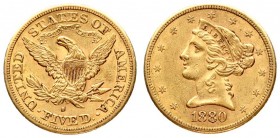 USA 5 Dollars 1880 S San Francisco. Liberty / Coronet Head - Half Eagle With motto. Averse: The bust of Liberty with the date below. Lettering:* * * *...