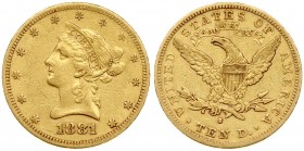 USA 10 Dollars 1881 S San Francisco 'Coronet Head - Eagle' with motto. Averse: Bust to left above date; 13 stars around. Lettering: 1881. Reverse: Her...
