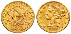 USA 5 Dollars 1886 S San Francisco. Liberty / Coronet Head - Half Eagle With motto. Averse: The bust of Liberty with the date below. Lettering:* * * *...