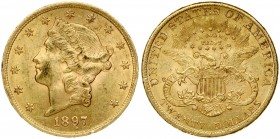 USA 20 Dollars 1897 Philadelphia. 'Liberty Head - Double Eagle' with motto 'TWENTY DOLLARS. Averse: Liberty head wearing a tiara; the 13 stars of the ...